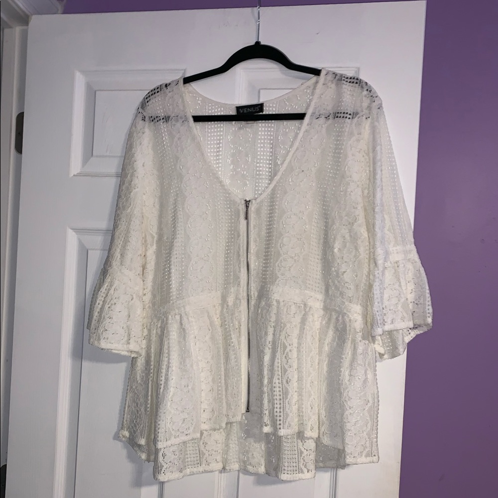 White Crochet Belle Sleeve Peplum Top